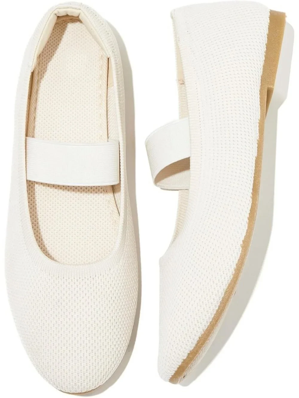 Women's Beige Knit Round Toe Ballet Flat Elastic Strap Slip On Comfortable Shoes